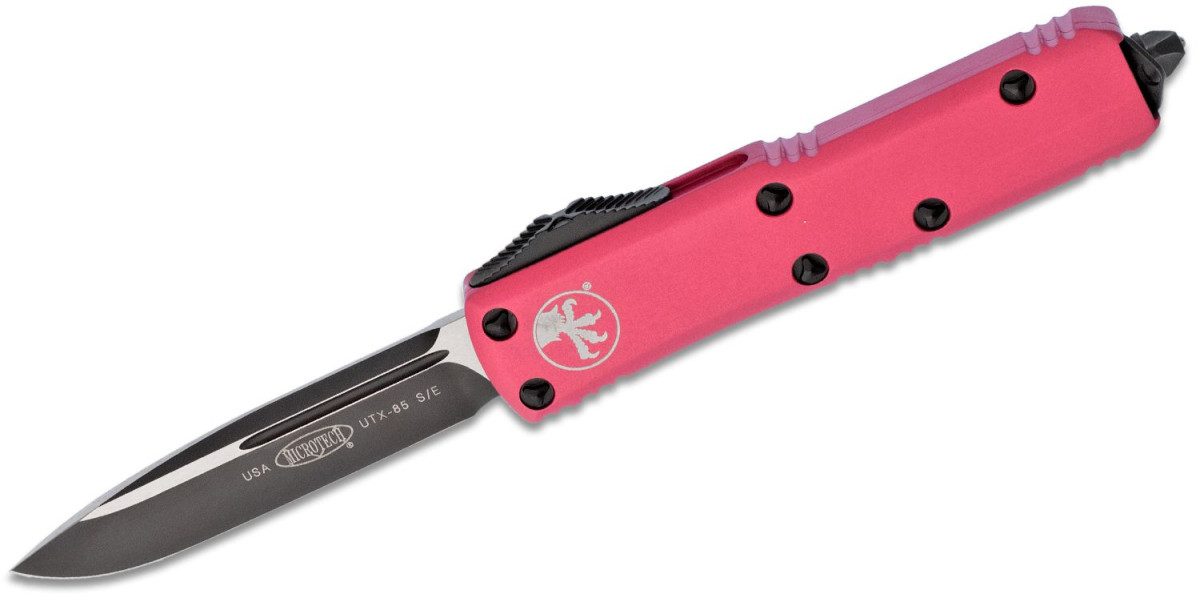 Microtech (231-1PK) "UTX-85" Dual Action OTF, 3.125" M390 Two Tone DLC Drop Point Blade, Pink Anodized 6061-T6 Aluminum Handle with Glass Breaker