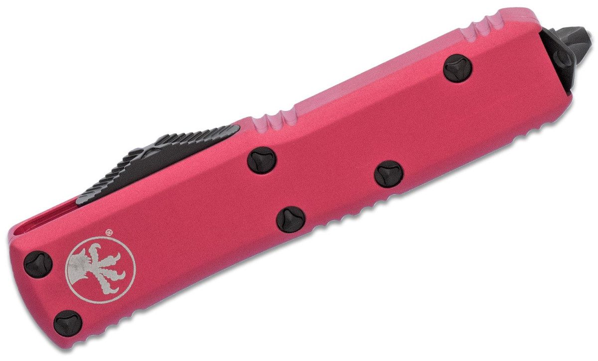 Microtech (231-1PK) "UTX-85" Dual Action OTF, 3.125" M390 Two Tone DLC Drop Point Blade, Pink Anodized 6061-T6 Aluminum Handle with Glass Breaker - Image 2