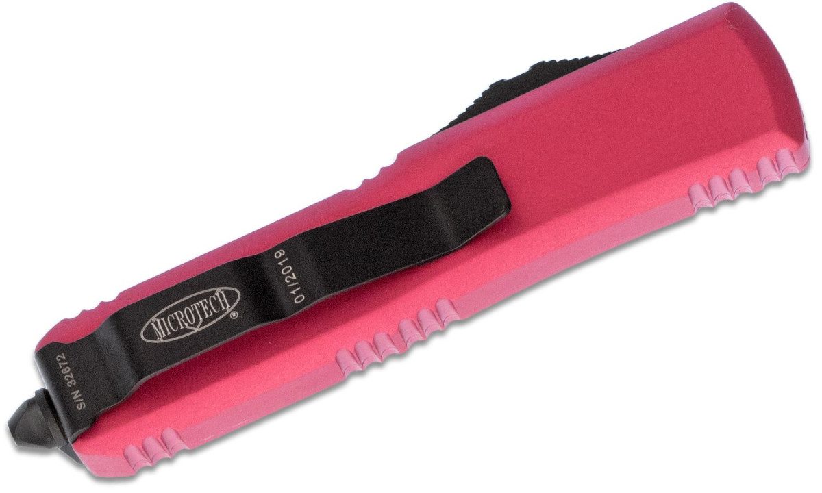 Microtech (231-1PK) "UTX-85" Dual Action OTF, 3.125" M390 Two Tone DLC Drop Point Blade, Pink Anodized 6061-T6 Aluminum Handle with Glass Breaker - Image 3