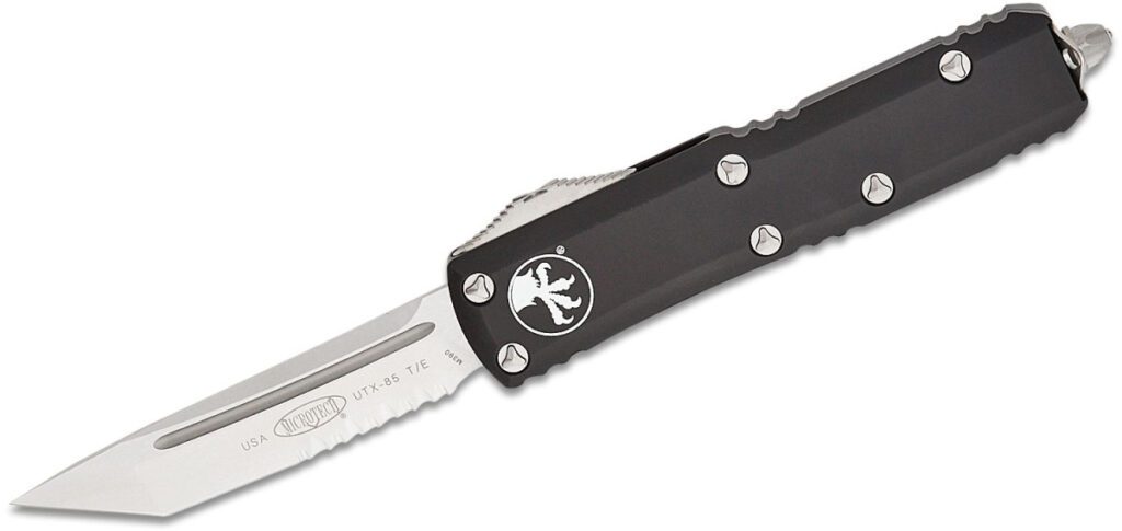 microtech-233-11-utx-85-dual-action-otf-3-125-m390-stonewashed-partially-serrated-tanto-blade-black-anodized-6061-t6-aluminum-handle-with-glass-breaker