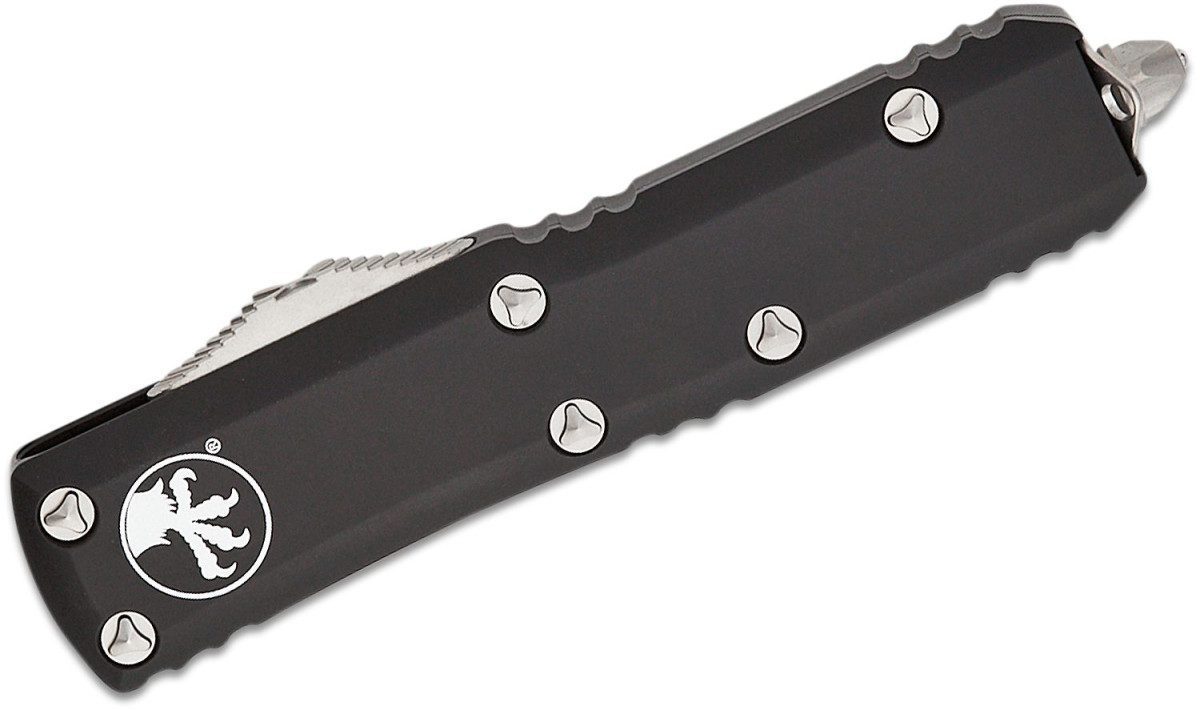 Microtech (233-11) "UTX-85" Dual Action OTF, 3.125" M390 Stonewashed Partially Serrated Tanto Blade, Black Anodized 6061-T6 Aluminum Handle with Glass Breaker - Image 2