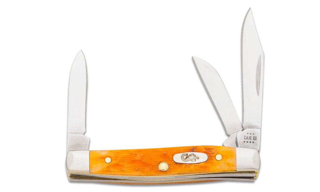 case-26565-small-stockman-non-locking-folder-2-1-5-1-49-stainless-steel-mirror-polish-clip-point-sheepsfoot-pen-blades-persimmon-orange-bone-handle-slip-joint