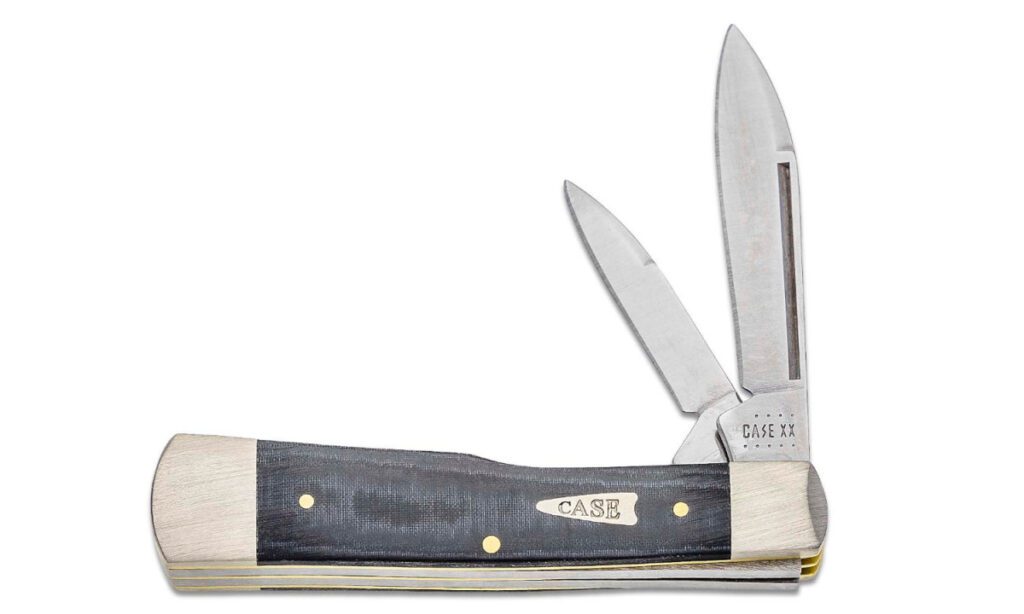 case-27735-gunstock-non-locking-folder-2-61-1-98-stainless-steel-mirror-polish-spear-point-pen-blades-black-micarta-handle-slip-joint