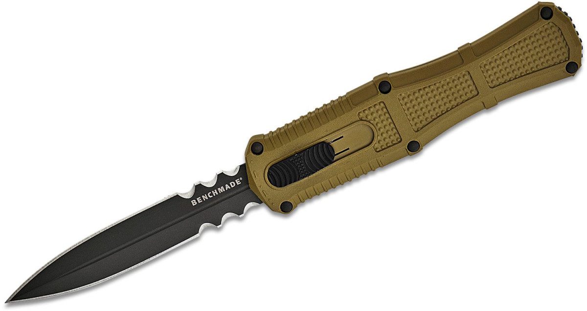 benchmade-3370sgy-1-claymore-otf-dual-action-otf-3-89-cpm-d2-smoke-gray-pvd-partially-serrated-dagger-blade-ranger-green-grivory-handle