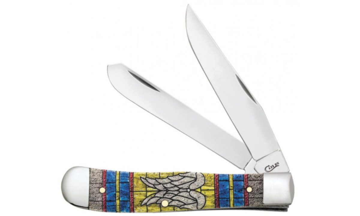 case-38714-trapper-non-locking-folder-3-24-3-27-stainless-steel-mirror-polish-clip-point-spey-blades-angel-wings-design-dyed-natural-bone-handle-slip-joint