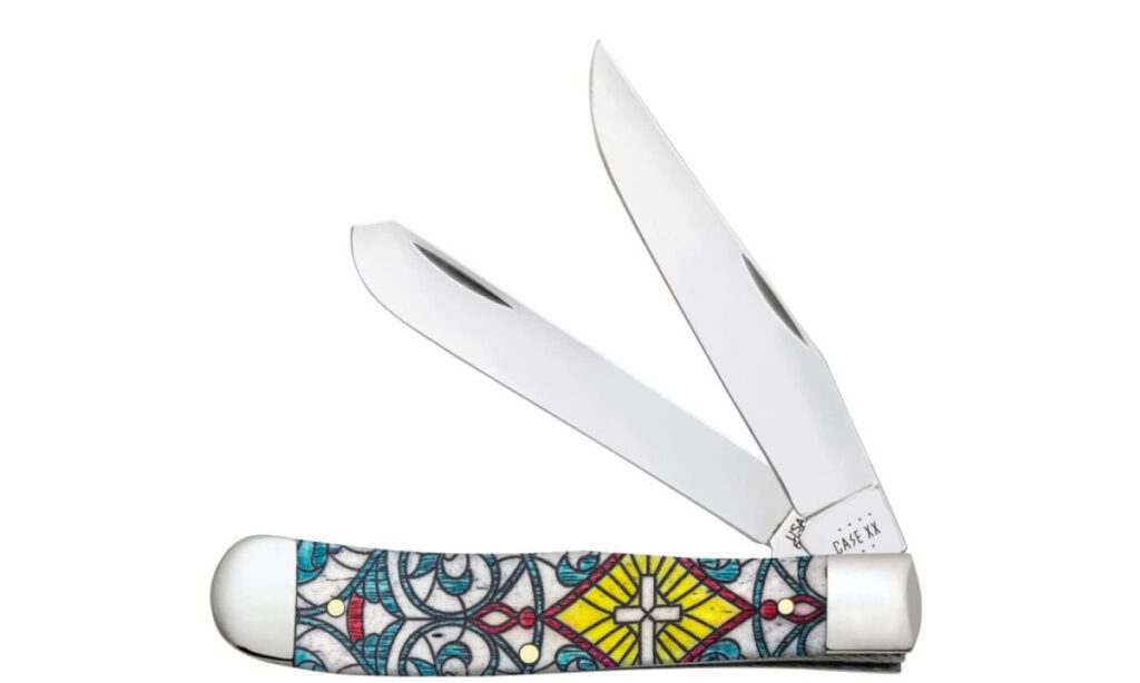 case-38817-trapper-non-locking-folder-3-24-3-27-stainless-steel-mirror-polish-cip-point-spey-blades-cross-design-dyed-natural-bone-handle-slip-joint