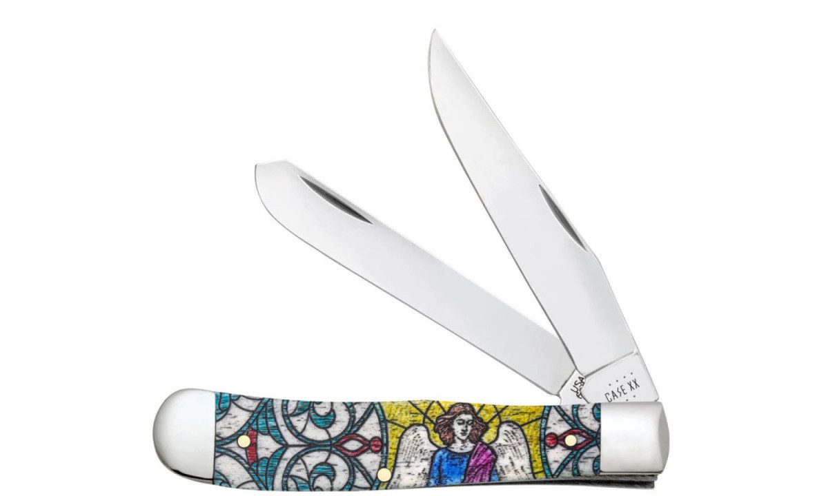 case-38818-trapper-non-locking-folder-3-24-3-27-stainless-steel-mirror-polish-clip-point-spey-blades-angel-design-dyed-natural-bone-handle-slip-joint