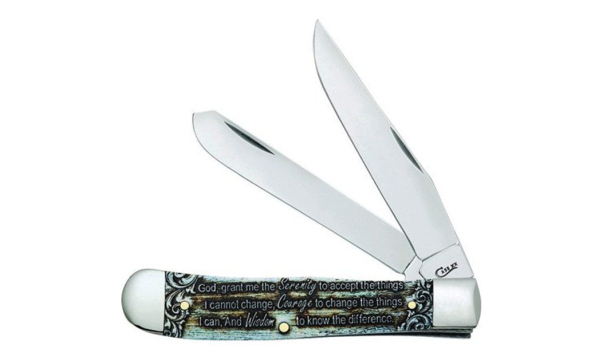 case-38822-trapper-non-locking-folder-3-24-3-27-stainless-steel-mirror-polish-clip-point-spey-blades-serenity-prayer-design-dyed-natural-bone-handle-slip-joint
