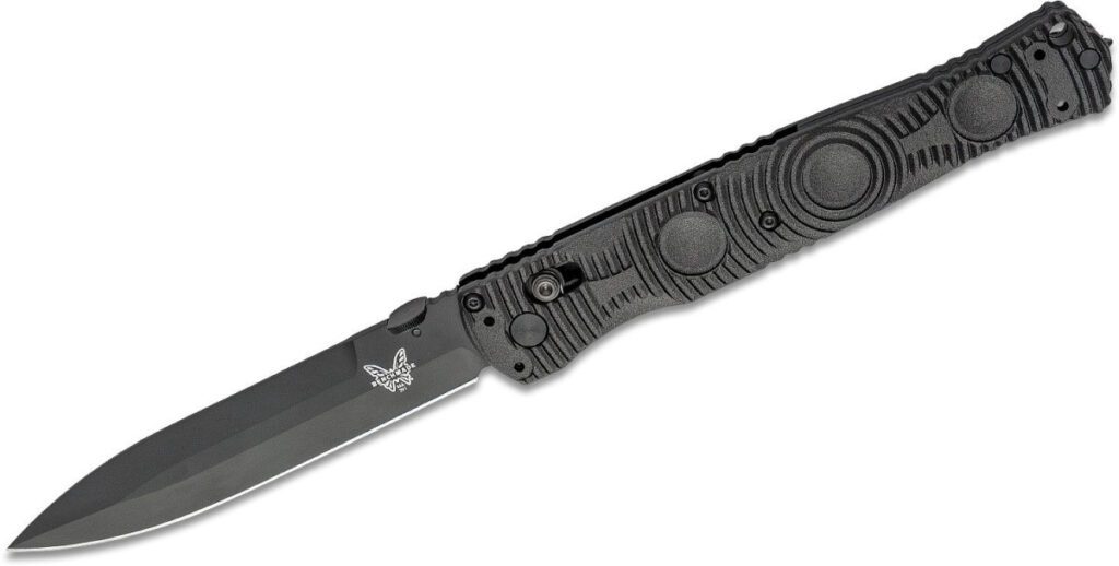 benchmade-391bk-socp-folder-manual-folder-4-47-d2-black-dlc-spear-point-blade-black-cf-elite-handle-with-glass-breaker