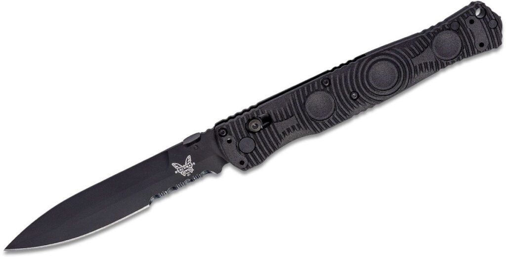 benchmade-391sbk-socp-folder-manual-folder-4-47-d2-black-dlc-partially-serrated-spear-point-blade-black-cf-elite-handle-with-glass-breaker