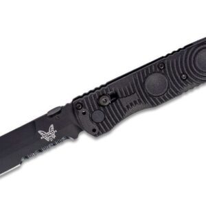 Benchmade (391SBK) "SOCP Folder" Manual Folder, 4.47” D2 Black DLC Partially Serrated Spear Point Blade, Black CF-Elite Handle with Glass Breaker
