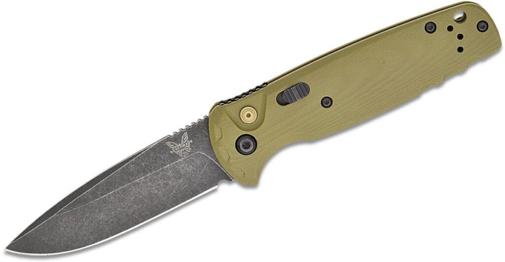 benchmade-4300bk-02-cla-automatic-folder-3-4-cpm-magnacut-battlewash-dlc-drop-point-blade-od-green-g-10-handle-push-button-lock