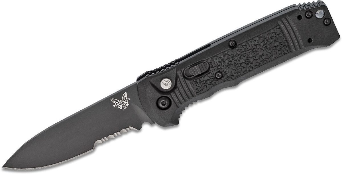 Benchmade (4400SBK) "Casbah" Automatic Folder, 3.4" CPM-S30V Black DLC Partially Serrated Drop Point Blade, Black Textured Grivory Handle, Push Button Lock
