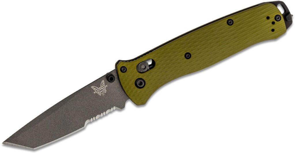 benchmade-537sgy-1-bailout-manual-folder-3-38-cpm-m4-tungsten-grey-cerakote-partially-serrated-tanto-blade-woodland-green-6061-t6-aluminum-handle-with-glass-breaker-axis-lock