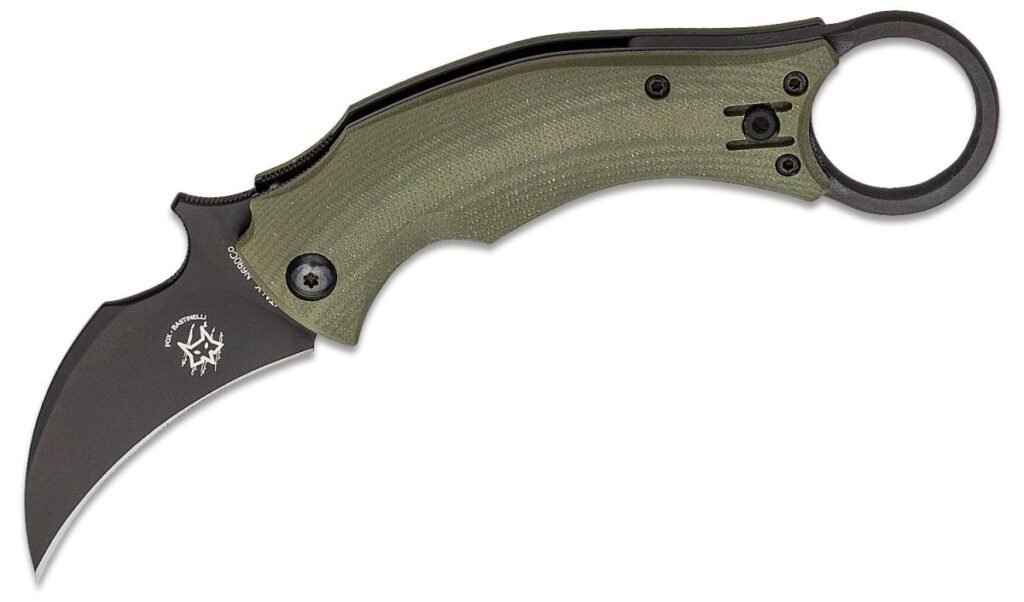 bastinelli-fox-591od-black-bird-manual-folder-2-25-n690co-black-cerekote-hawkbill-blade-od-green-g10-handle-liner-lock
