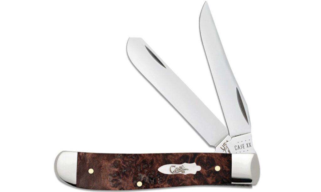 case-64060-trapper-non-locking-folder-3-24-3-27-stainless-steel-mirror-polish-clip-point-spey-blades-brown-maple-wood-burl-handle-slip-joint