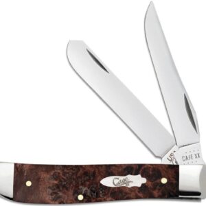 Case (64060) "Trapper" Non-Locking Folder, 3.24"/3.27" Stainless Steel Mirror Polish Clip Point/Spey Blades, Brown Maple Wood Burl Handle, Slip Joint