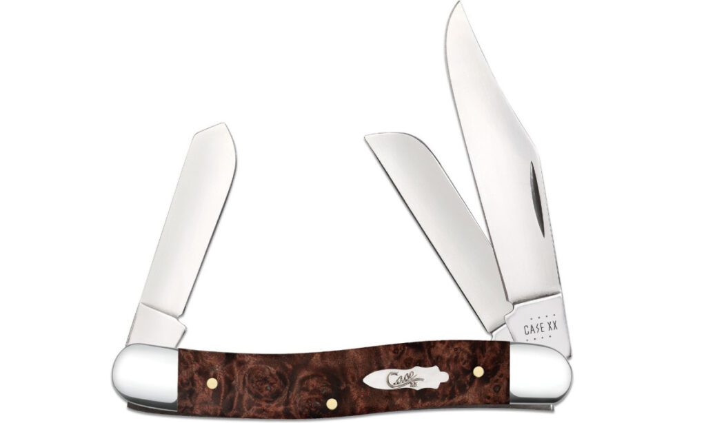 case-64065-stockman-non-locking-folder-2-57-1-88-1-71-stainless-steel-mirror-polish-clip-point-sheepsfoot-spey-blades-brown-maple-wood-burl-handle-slip-joint