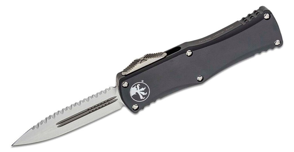 microtech-702-12-hera-dual-action-otf-3-00-m390-satin-fully-serrated-dagger-blade-black-anodized-6061-t6-aluminum-handle