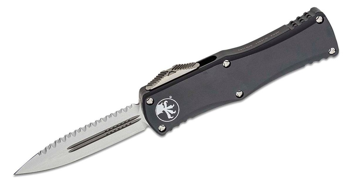 microtech-702-12-hera-dual-action-otf-3-00-m390-satin-fully-serrated-dagger-blade-black-anodized-6061-t6-aluminum-handle