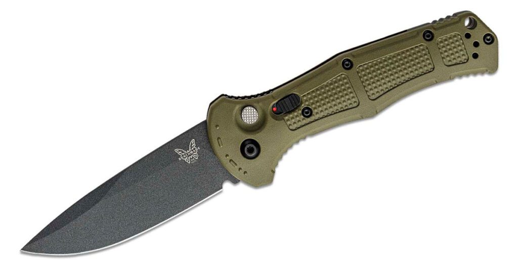 benchmade-9070bk-1-claymore-automatic-folder-3-60-cpm-d2-colbalt-black-cerakote-drop-point-blade-ranger-green-grivory-handle-push-button-lock