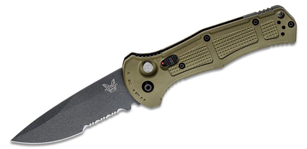 benchmade-9070sbk-1-claymore-automatic-folder-3-60-cpm-d2-colbalt-black-cerakote-partially-serrated-drop-point-blade-ranger-green-grivory-handle-push-button-lock