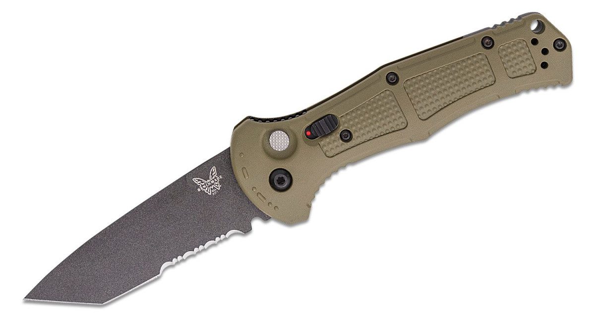 benchmade-9071sbk-1-claymore-automatic-folder-3-60-cpm-d2-colbalt-black-cerakote-partially-serrated-tanto-blade-ranger-green-grivory-handle-push-button-lock