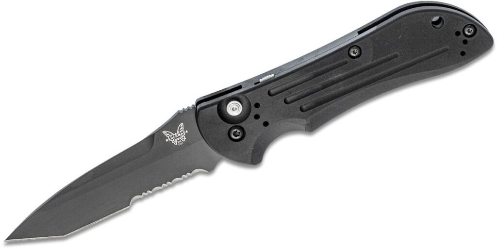 benchmade-9101sbk-auto-stryker-automatic-folder-3-60-154cm-black-dlc-partially-serrated-tanto-blade-black-6061-t6-aluminum-handle-push-button-lock