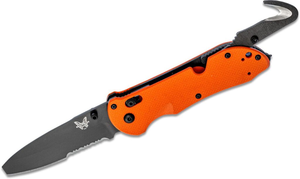 benchmade-916sbk-org-triage-manual-folder-3-40-n680-black-dlc-partially-serrated-blunt-tip-blade-orange-textured-g-10-handle-with-rescue-hook-glass-breaker-axis-lock