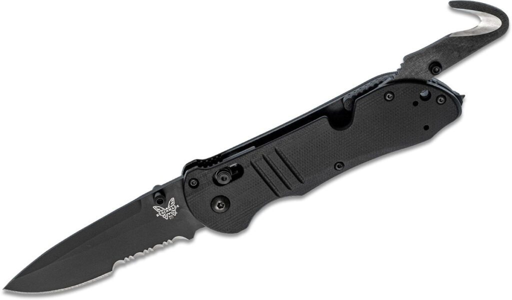 benchmade-917sbk-triage-manual-folder-3-48-cpm-s30v-black-dlc-partially-serrated-drop-point-blade-black-textured-g-10-handle-with-rescue-hook-glass-breaker-axis-lock