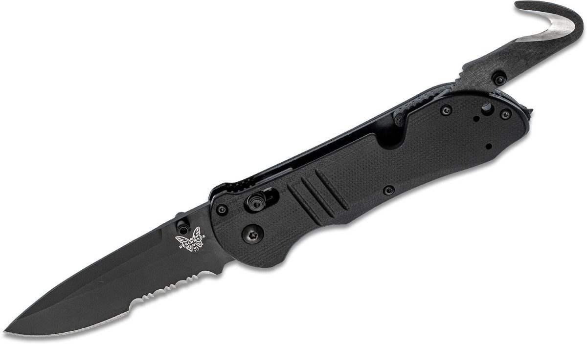 benchmade-917sbk-triage-manual-folder-3-48-cpm-s30v-black-dlc-partially-serrated-drop-point-blade-black-textured-g-10-handle-with-rescue-hook-glass-breaker-axis-lock