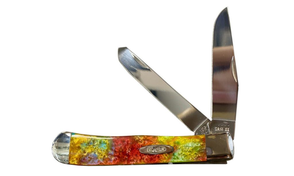 case-9254rb-trapper-non-locking-folder-3-24-3-27-stainless-steel-mirror-polish-clip-point-spey-blades-rainbow-corelon-handle-slip-joint