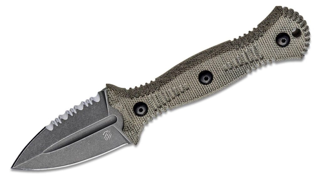 bastinelli-creations-bc-28-gr-telum-fixed-blade-2-75-m390-dark-stonewashed-double-edge-dagger-with-partial-serrations-green-canvas-micarta-handle-kydex-sheath-with-tracker-dan-clip