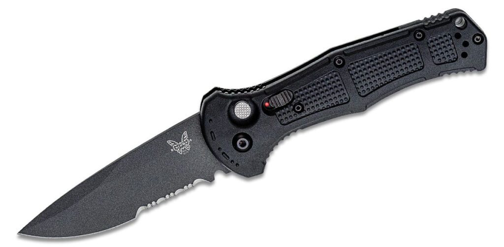 benchmade-9070sbk-claymore-automatic-folder-3-60-cpm-d2-colbalt-black-cerakote-partially-serrated-drop-point-blade-black-grivory-handle-push-button-lock