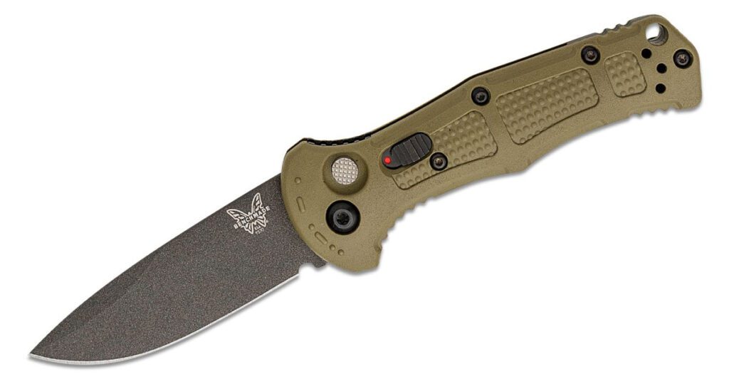 benchmade-9570bk-1-mini-claymore-automatic-folder-3-cpm-d2-colbalt-black-cerakote-drop-point-blade-ranger-green-grivory-handle-push-button-lock