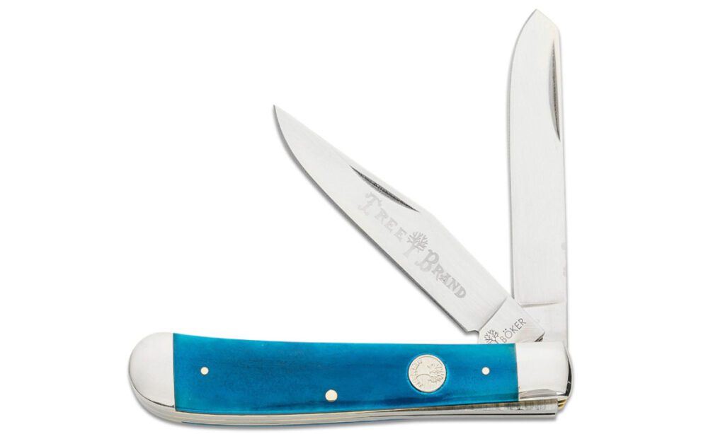 boker-110828-trapper-non-locking-folder-d2-mirror-polish-clip-point-spey-blades-blue-smooth-bone-handle-slip-joint