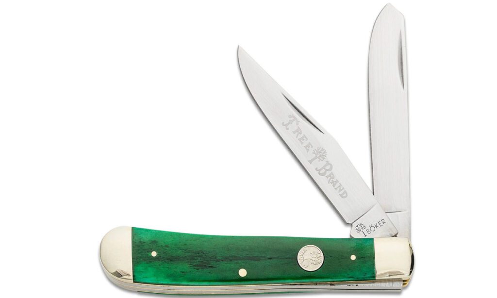 boker-110829-trapper-non-locking-folder-d2-mirror-polish-clip-point-spey-blades-green-smooth-bone-handle-slip-joint