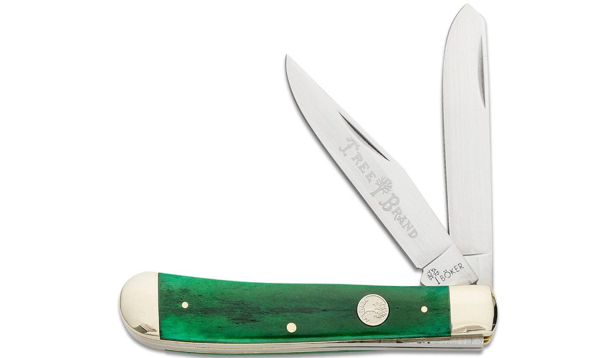 boker-110829-trapper-non-locking-folder-d2-mirror-polish-clip-point-spey-blades-green-smooth-bone-handle-slip-joint