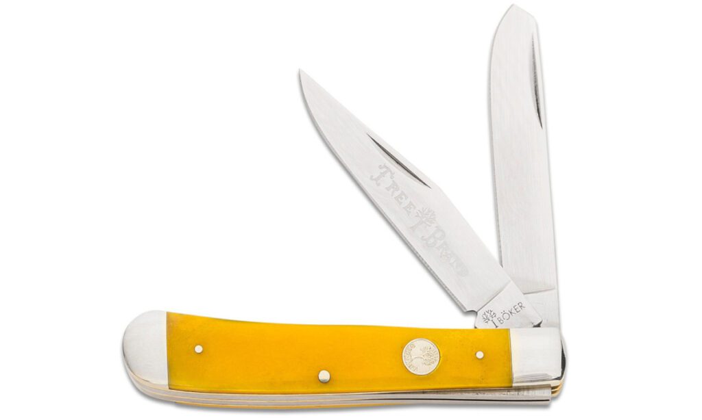 boker-110835-trapper-non-locking-folder-d2-mirror-polish-clip-point-spey-blades-yellow-bone-handle-slip-joint
