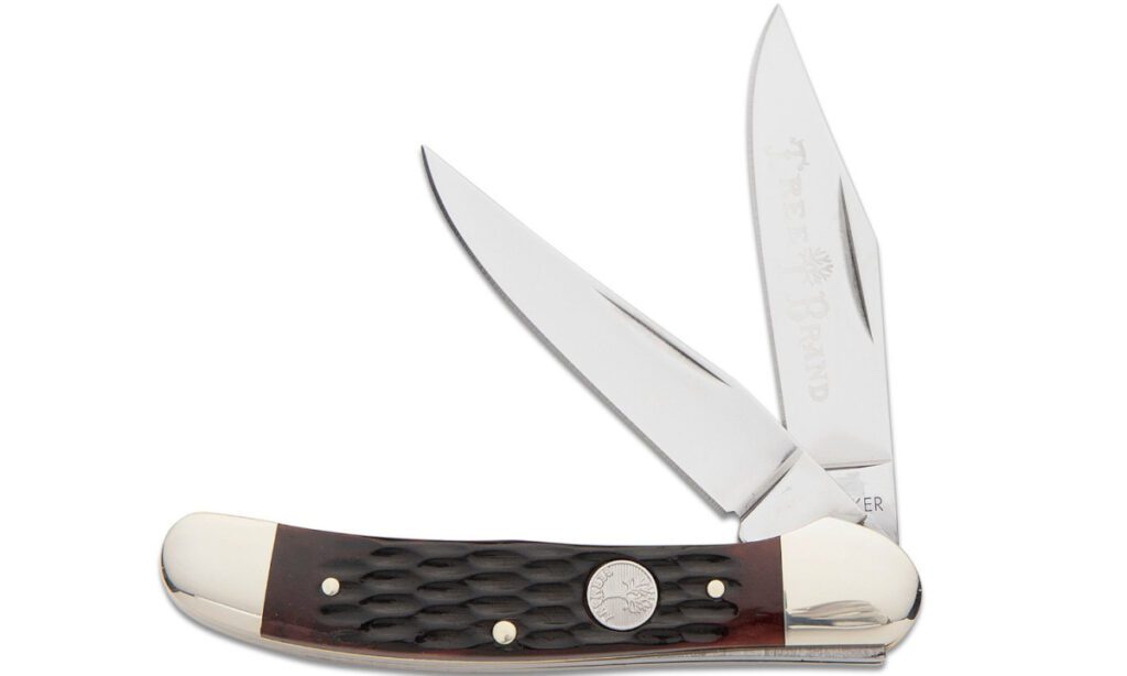 boker-110861-copperhead-non-locking-folder-d2-mirror-polish-clip-point-spey-blades-brown-jigged-handle-slip-joint