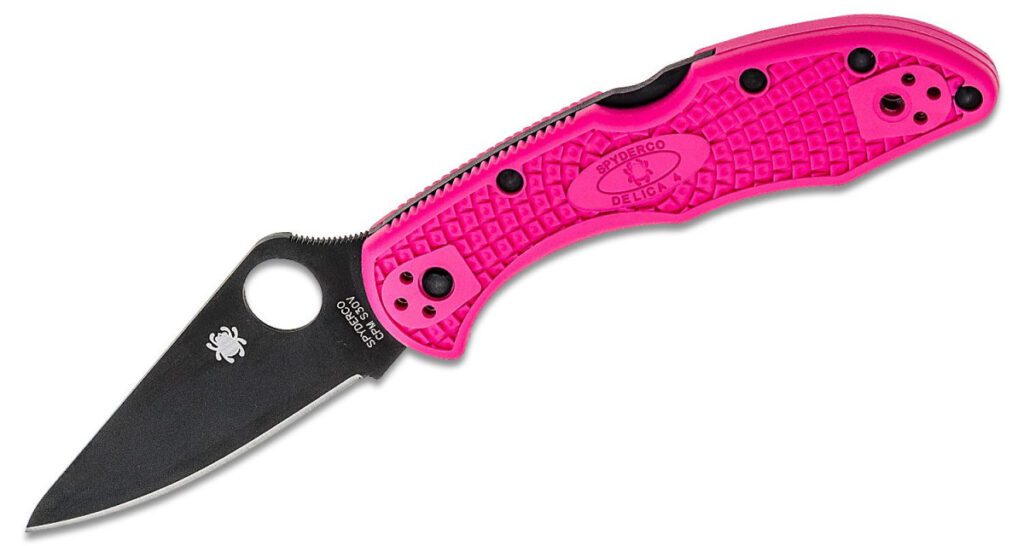 spyderco-c11fppns30vbk-delica-4-manual-folder-2-90-cpm-s30v-black-dlc-drop-point-blade-pink-frn-handle-lock-back