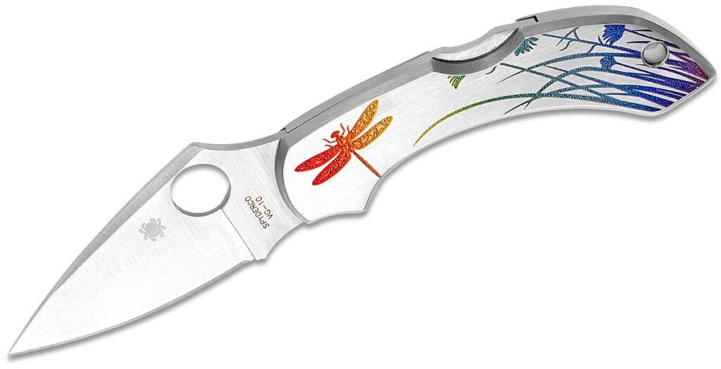 spyderco-c28pt-dragonfly-manual-folder-2-28-vg-10-satin-drop-point-blade-stainless-steel-handle-with-etched-dragonfly-tattoo-lock-back