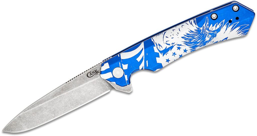 case-10780-kinzua-manual-folder-3-4-s35vn-satin-spear-point-blade-blue-anodized-aluminum-with-2024-shot-show-design-handle-frame-lock