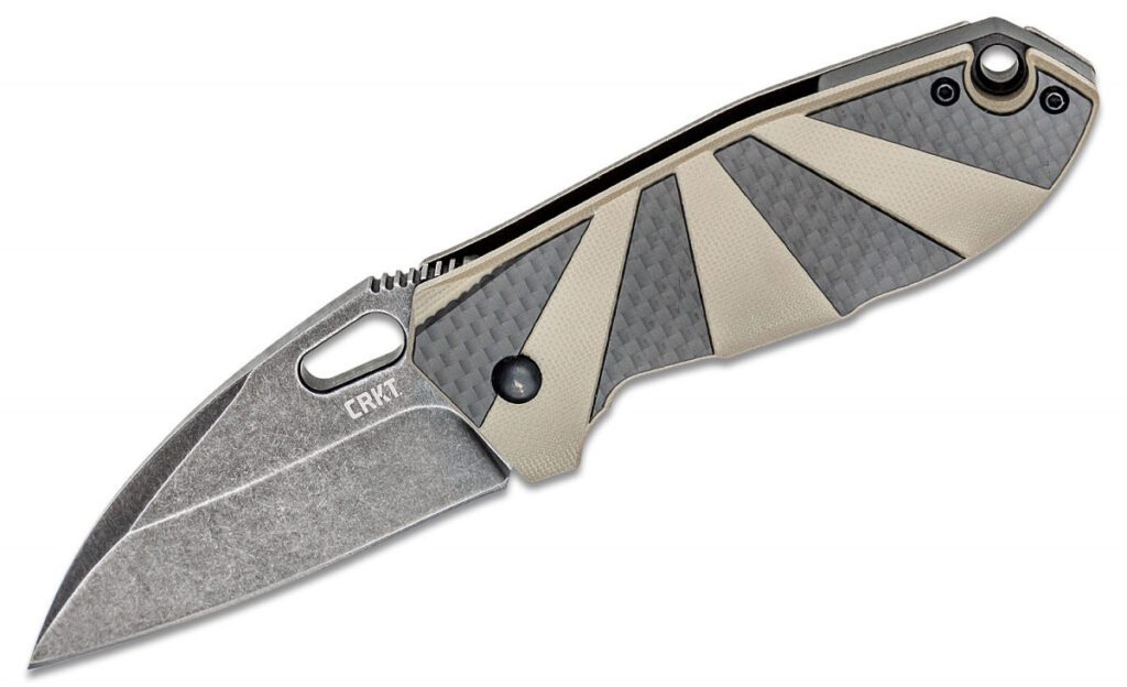 crkt-2440-heron-manual-folder-2-93-8cr14mov-black-stonewash-wharncliffe-blade-black-stonewash-stainless-steel-tan-g-10-handle-with-carin-fiber-inlays-frame-lock