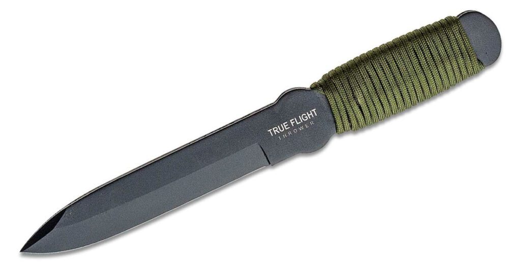 cold-steel-80tftc-true-flight-throwing-knife-6-50-1055-black-oxide-spear-point-blade-green-para-cord-wrapped-handle-black-cordura-sheath