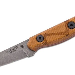 TOPS (ELPO-01) "El Pionero" Fixed Blade, 3.38" 1095 Stonewashed Trailing Point Blade, Tan Micarta Handle, Black Kydex Sheath