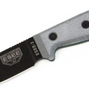 Esee (ES3PBMB) "Model 3" Fixed Blade, 3.88" 1095 High Carbon Black Powdercoat Drop Point Blade, Gray Canvas Micarta Handle, Black Kydex Sheath