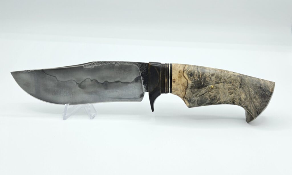 goose-creek-knives-hunting-knife-fixed-blade-hand-forged-5-24-san-mai-w2-steel-clip-point-blade-burl-wood-handle-brown-leather-sheath