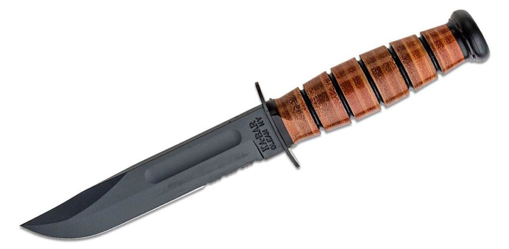 ka-bar-1261-short-fighting-knife-fixed-blade-5-25-1095-cro-van-black-powder-coated-partially-serrated-clip-point-blade-stacked-leather-handle-brown-leather-sheath