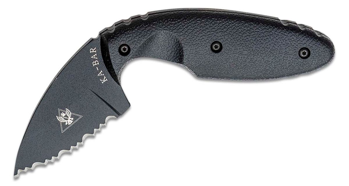 ka-bar-1481-tdi-knife-serrated-fixed-blade-2-313-aus-8a-black-powder-coated-fully-serrated-drop-point-blade-black-zytel-handle-black-hard-plastic-sheath